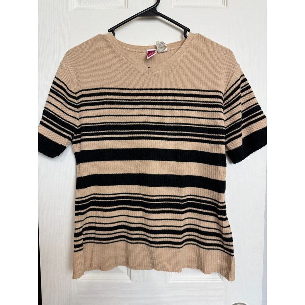 y2k V-neck Tan Black Striped Short Sleeve Sweater Womens‎ M | 90s Office Merona